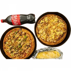 2 x Family Pizza ; 1 x Garlic bread; 1x1.25L Drink